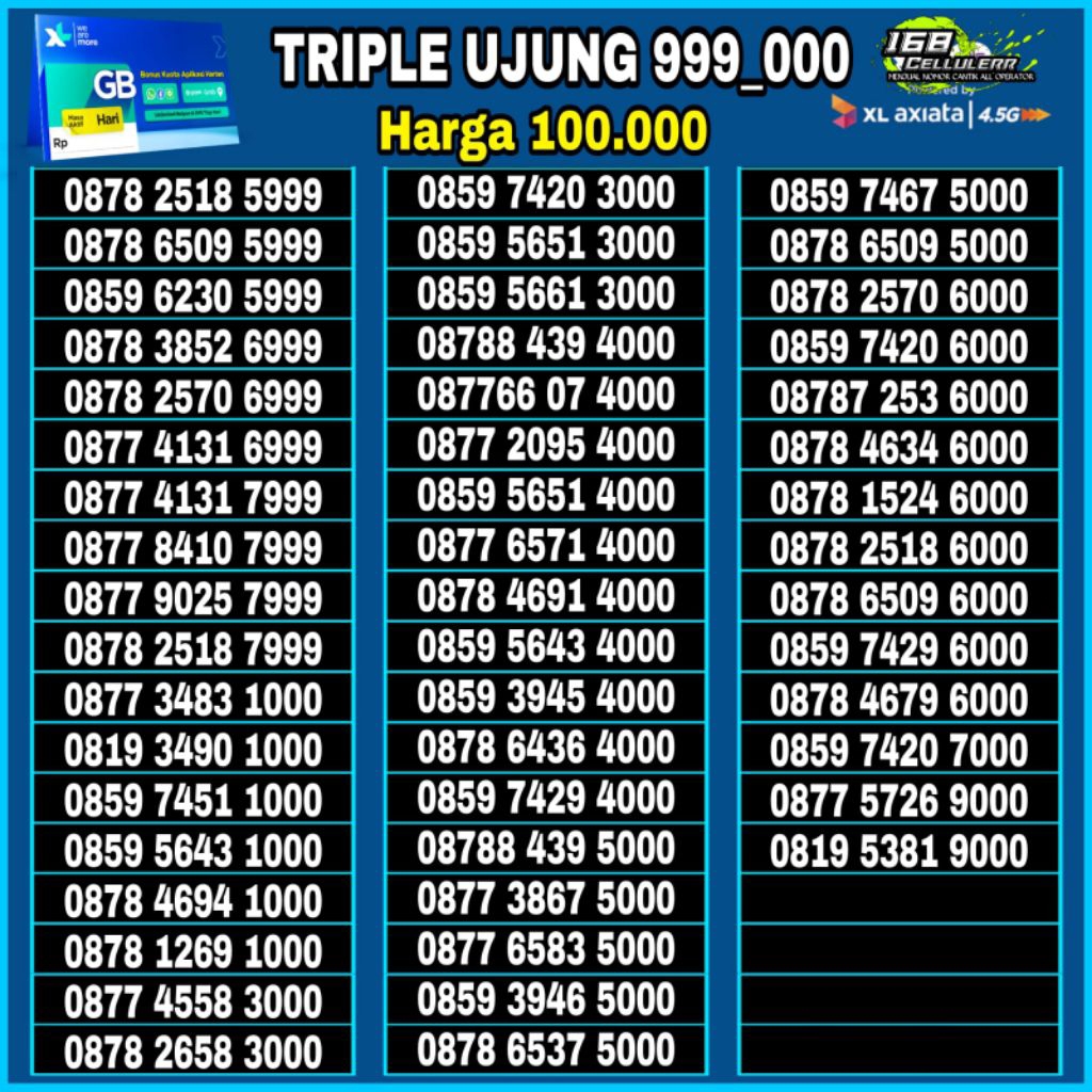 kartu perdana nomor cantik XL Axiata 4G 777 888 999 000