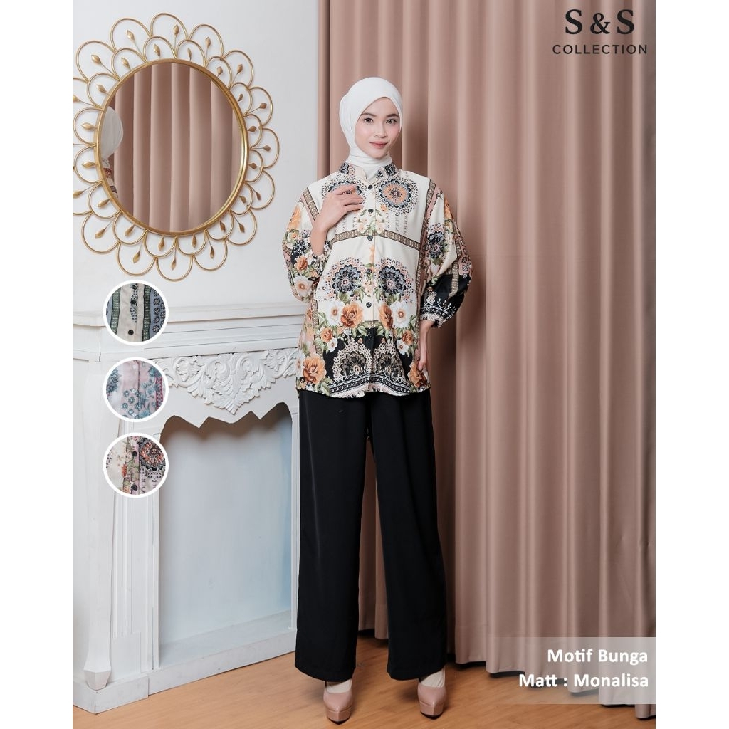 Baju Atasan Kemeja Casual Wanita Model Sayfa Bahan Kain Monalisa Lux Motif Bunga