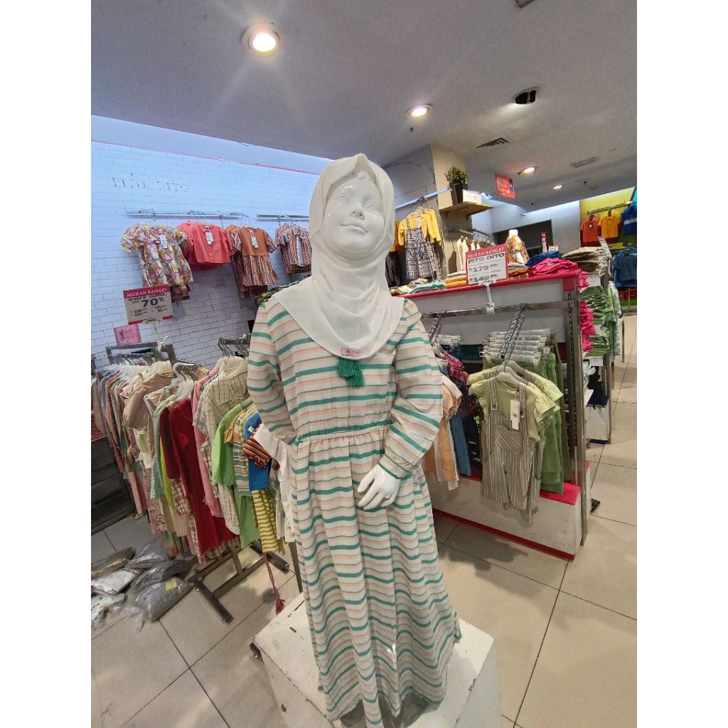Pakaian Muslim Anak Perempuan By Exit Girls Untuk Usia 4-14 tahun Motif Salur Sudah Free Hijab.