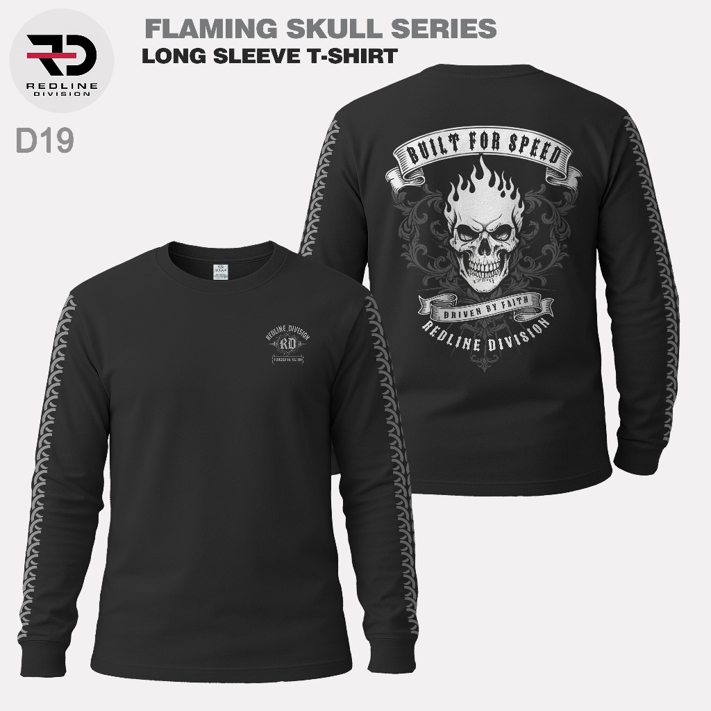 Kaos Lengan Panjang Pria Skull Premium REDLINE DIVISION Tshirt Longsleeve Hitam Lengan Rib
