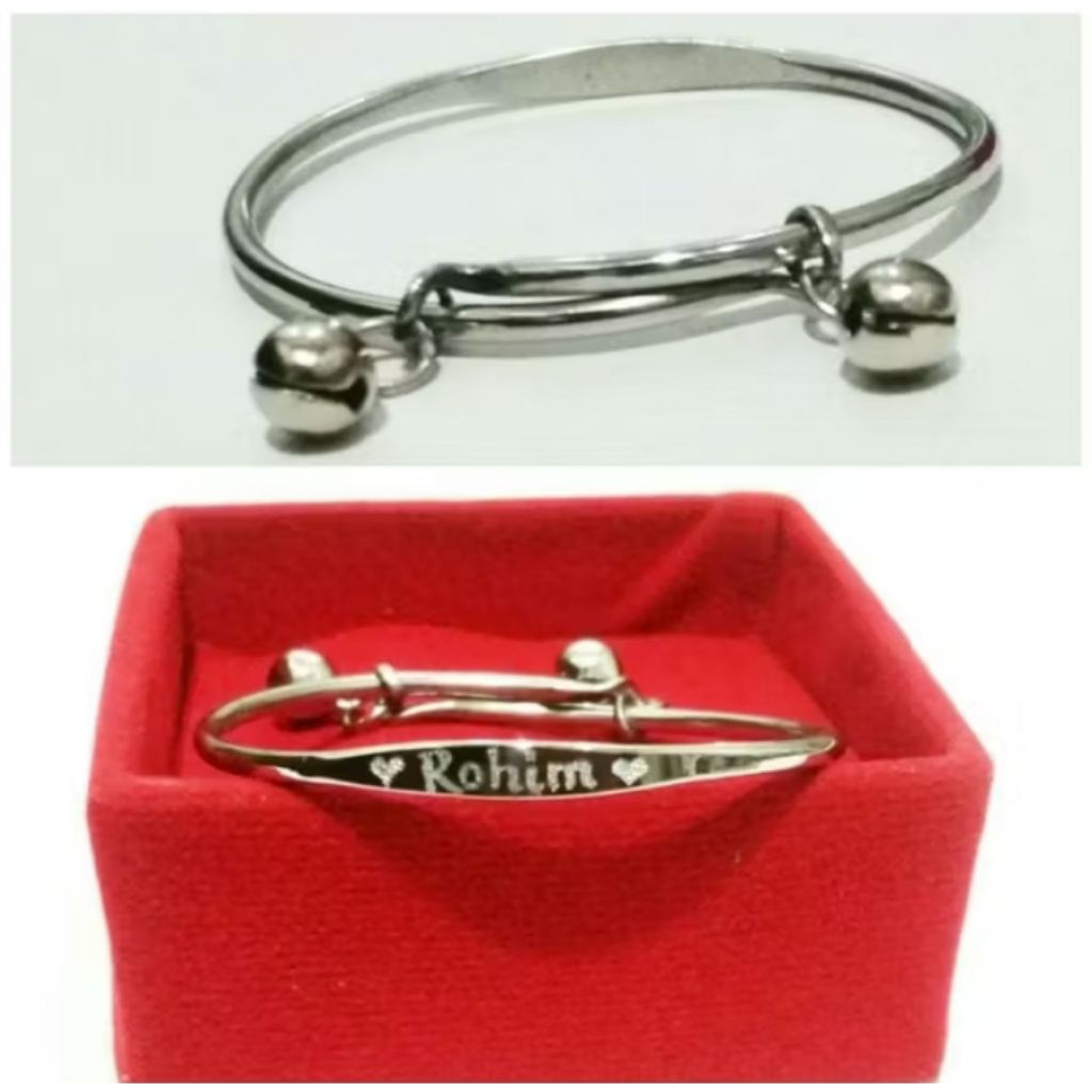 GELANG BAYI BESI PUTIH 100% ASLI BESI PUTIH MODEL LONCENG/BEL/KERINCING BISA UKIR NAMA(MINIMAL 5 HUR