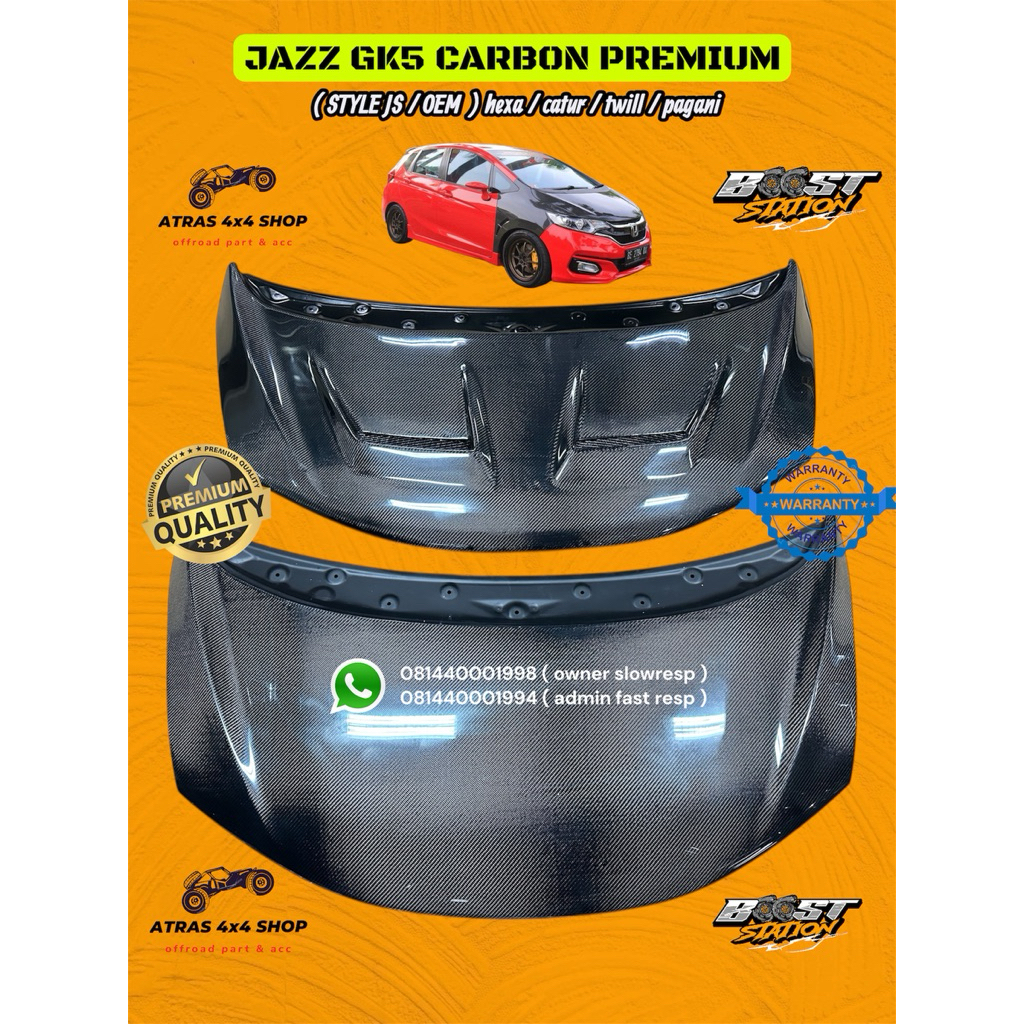 kap mesin carbon PREMIUM GARANS jazz RS GK5 oem look js racing mugen