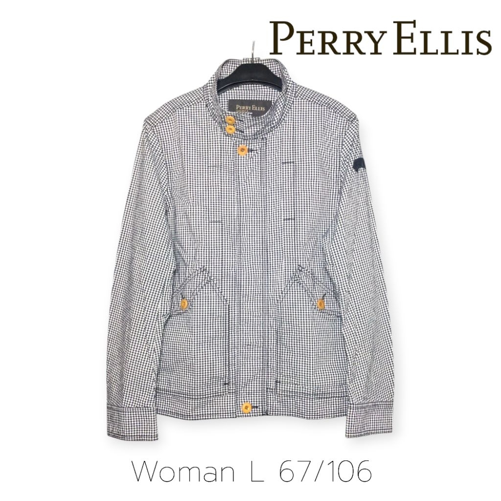 Perry Ellis America Casual Parka Jacket Coat Original Jaket Wanita Motif Kotak-kotak L