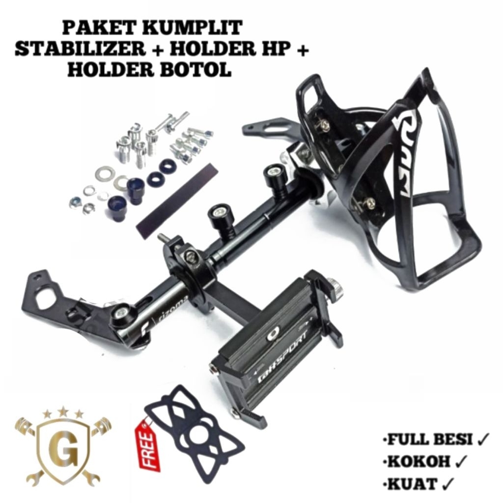 Holder HP Motor Full Alumunium Besi Paket Kumplit + Holder Botol + Stabilizer Spion Motor Nmax, Xmax