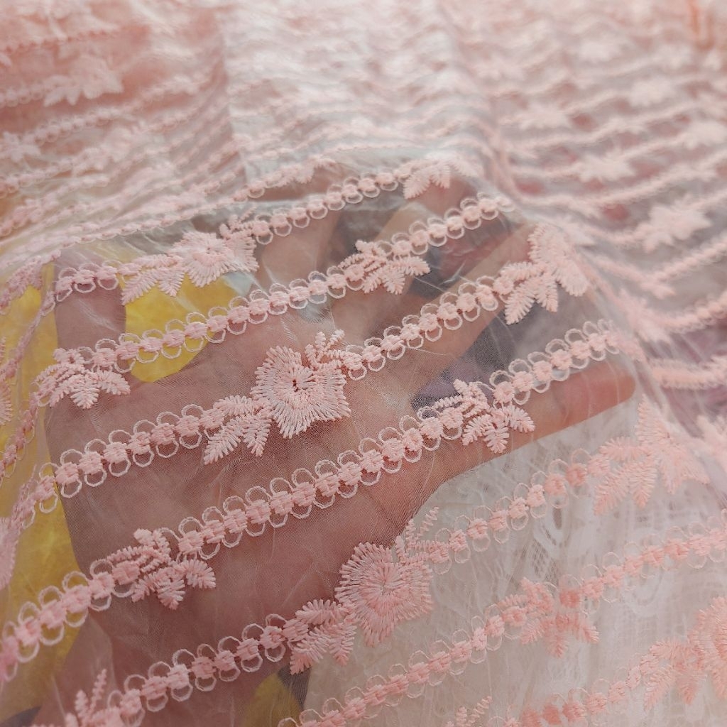kain organza bordir Premium  - kain organza bordir  - kain organza bordir original ( pink peach)