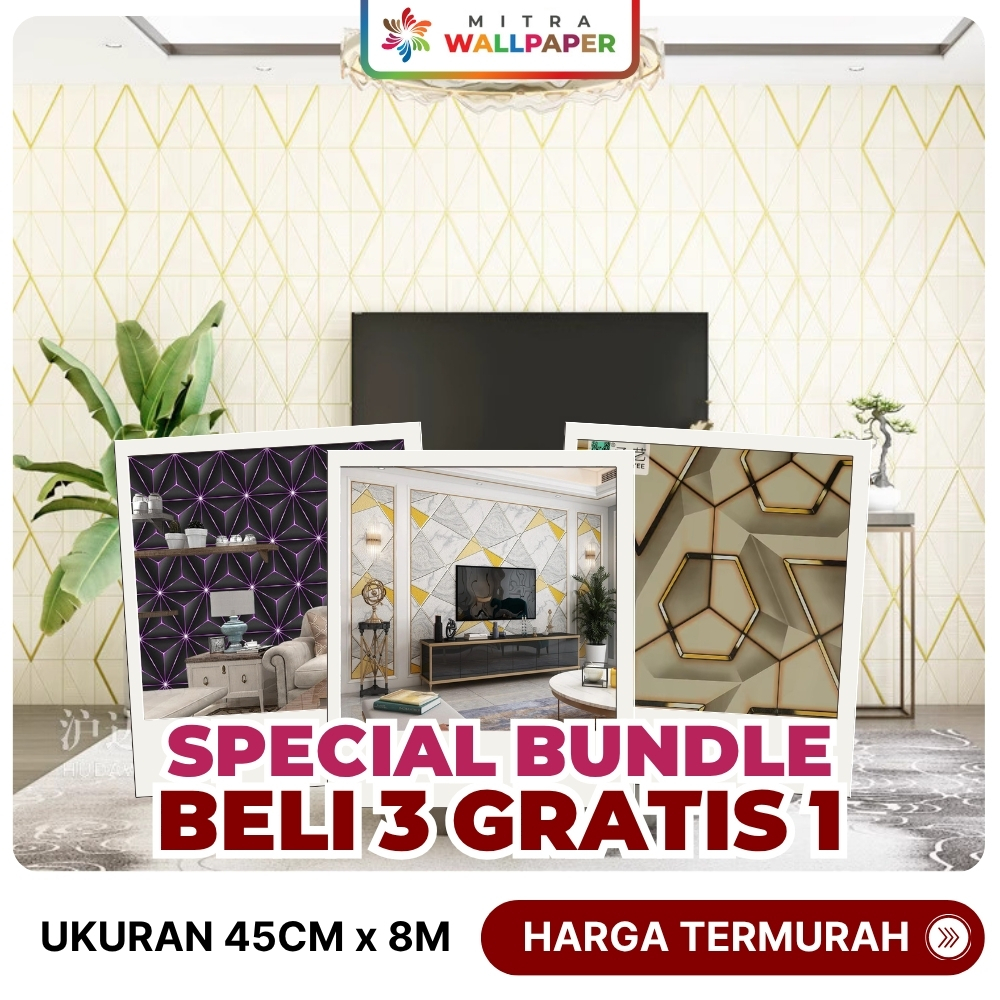 Wallpaper Dinding Ruang Tamu Minimalis Wallpaper Kamar Tidur 3D Stiker Geometri Mewah SPECIAl BUNDLE