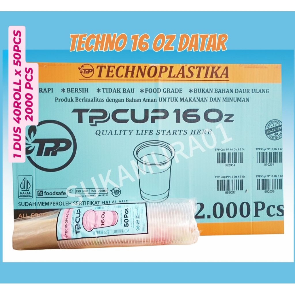[1 DUS ISI 2000] CUP POP ICE JUS 16OZ Datar TECHNO / GELAS PLASTIK 16OZ ISI 40 PAK