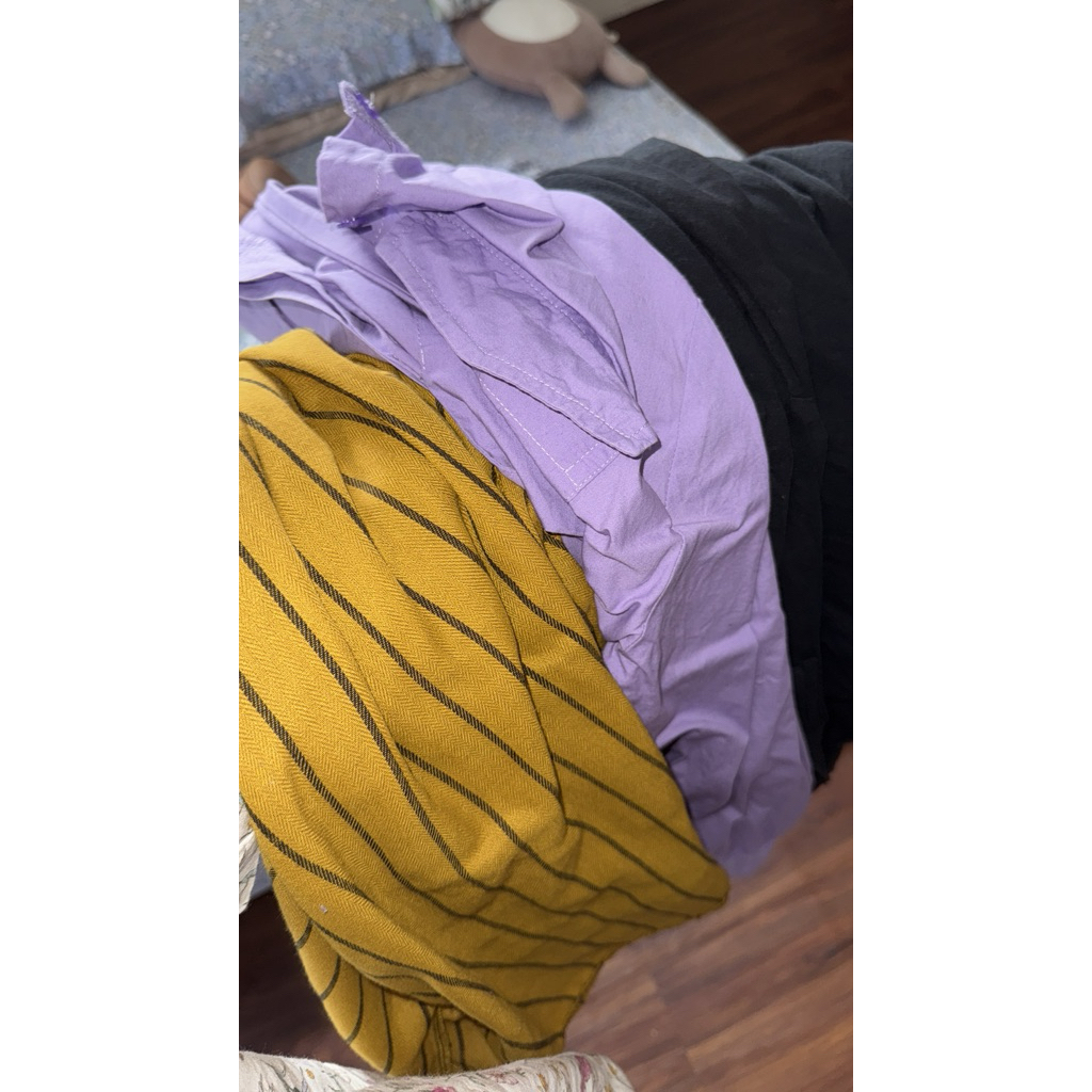 jiniso denim kemeja, trick and tricky ungu, bohemian red apple, yellow striped blazer