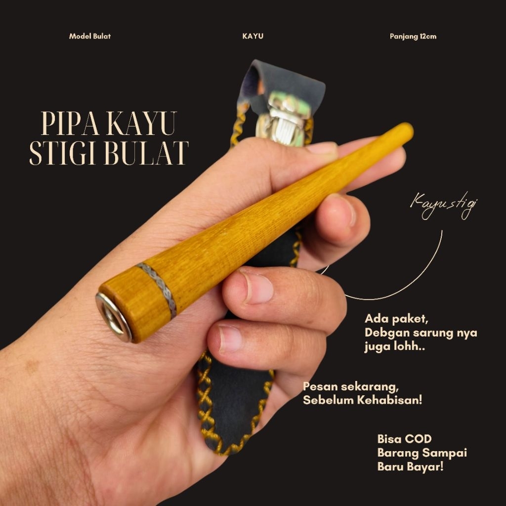Pipa Padud Once Cangklong Kayu Stigi – Model Bulat Panjang 12cm Elegan & Nyaman Dipakai