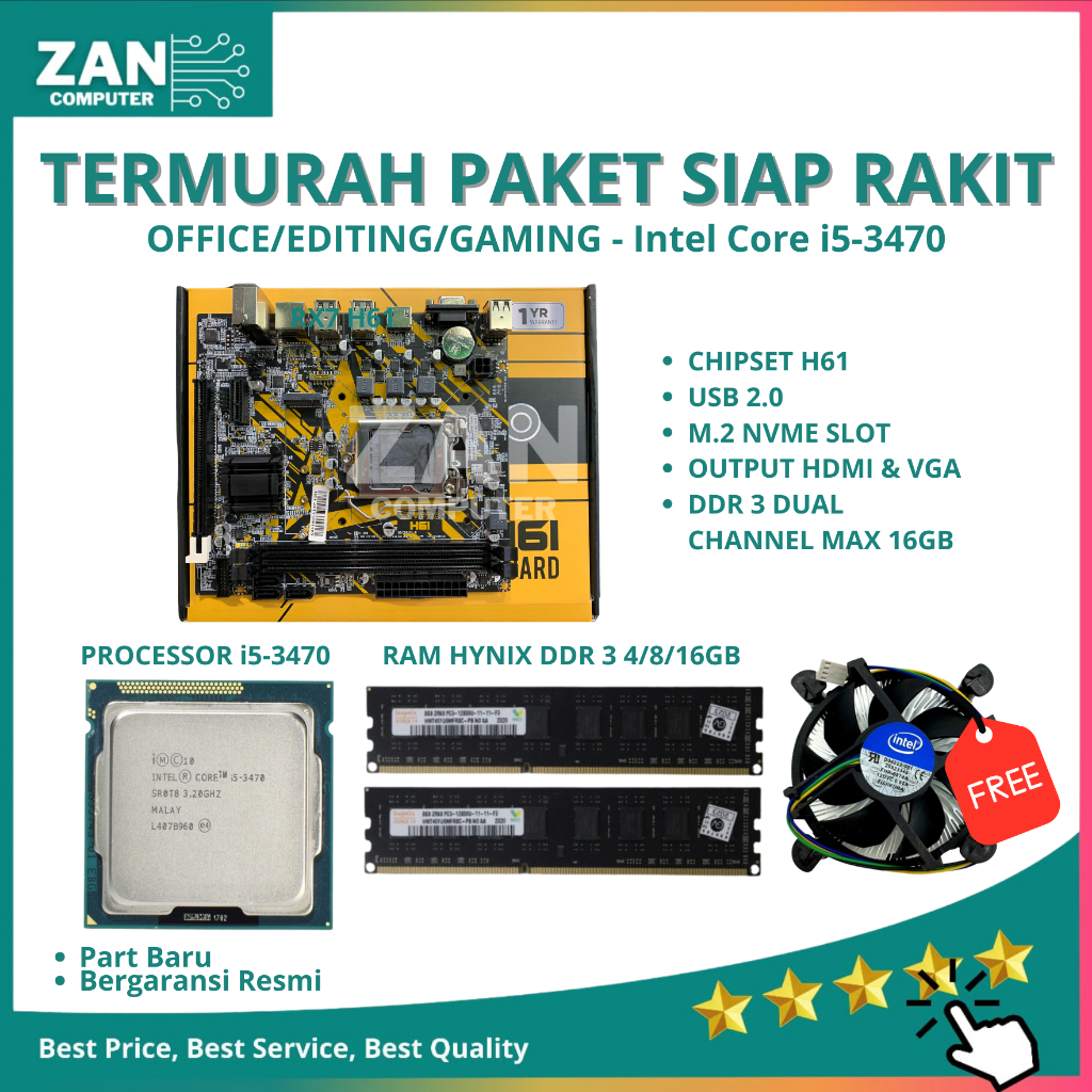 Paket Motherboard Intel H61 EZ PRO DDR3 NVME (LGA1155, H61, DDR3, SATA3) Gratis Fan Processor Intel 