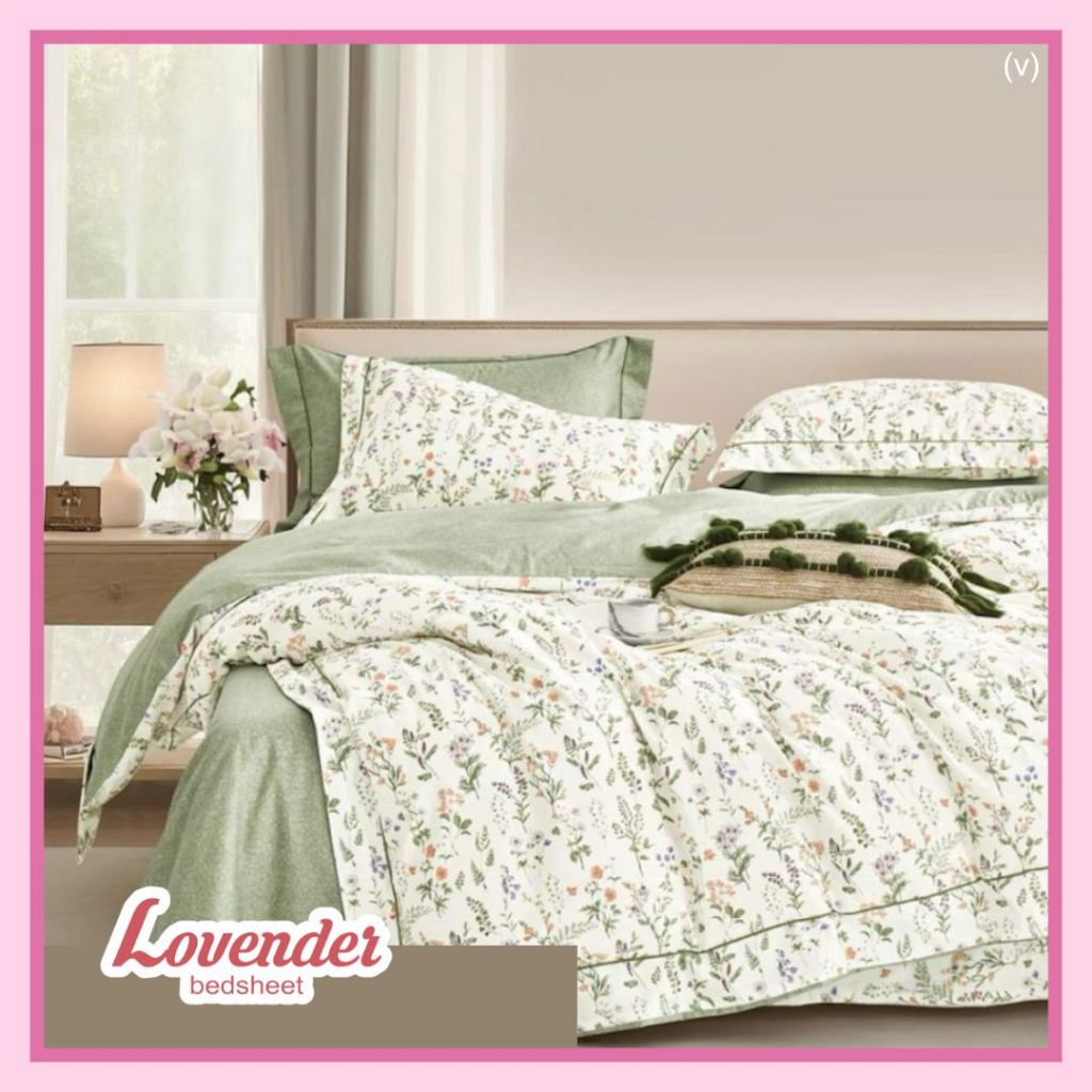 Sprei/Bedcover katun JEPANG pastel hijau shabby chic ungu lilac purple tangkai daun leaf orange eleg