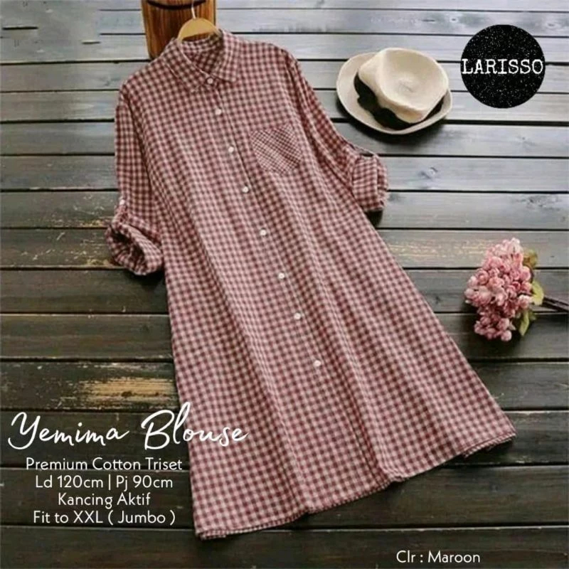 Dress kotak kotak jumbo xxl full kancing bahan katun / Yemima dress