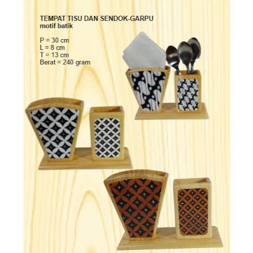 [12,5 x 7 x 9 ] GS4 Woodcraft - Tempat Tisu Meja dan Tempat Sendok Garpu Kayu Pinus Motif Batik