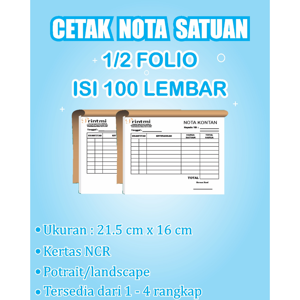 CETAK NOTA SATUAN 1/2 FOLIO 1 PLY 2 PLY 3 PLY NOTA WARNA NOTA CUSTOM NOTA TOKO NOTA OLSHOP NOTA LAUN