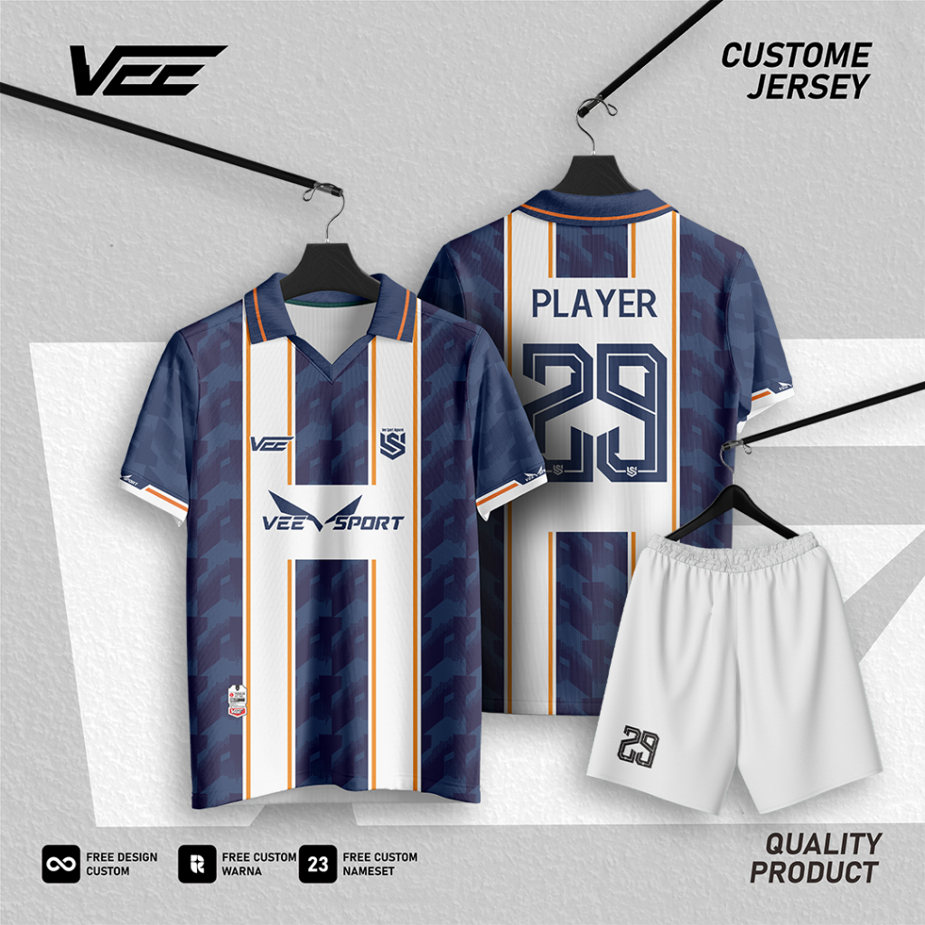 Jersey Baju Retro Bola Dan Futsal Bisa Custom Nama Nomor Dan Logo Biru Garis Putih Dongker