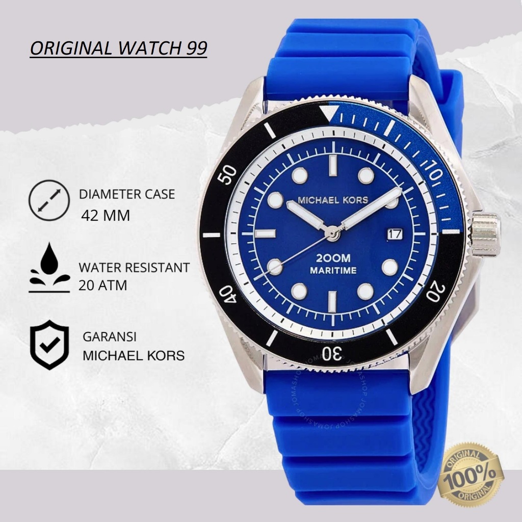 100% ORIGINAL Jam Tangan Pria Michael Kors Maratime MK9156 Blue Rubber Strap Biru Dial Chronograph S