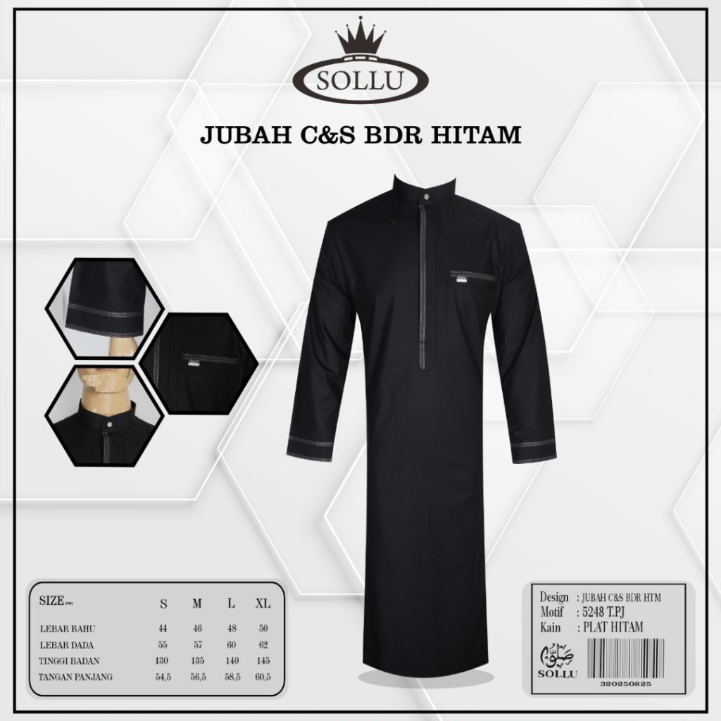 Gamis Pria /Jubah Pria Muslim Sollu Lengan Panjang Manset Hitam Premium Dewasa Motif Bordir / Jubah 