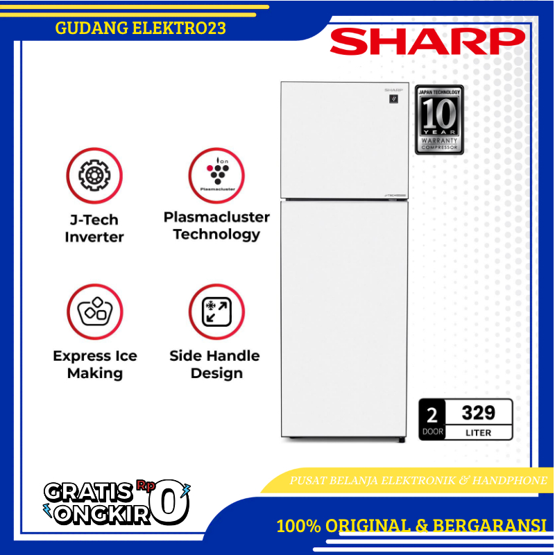 KULKAS SHARP Kulkas 2 Pintu 329L SJ-456GI-GW / SJ456GIGW / SJ 456GI White Glitter 2 Door - SHINE Gla