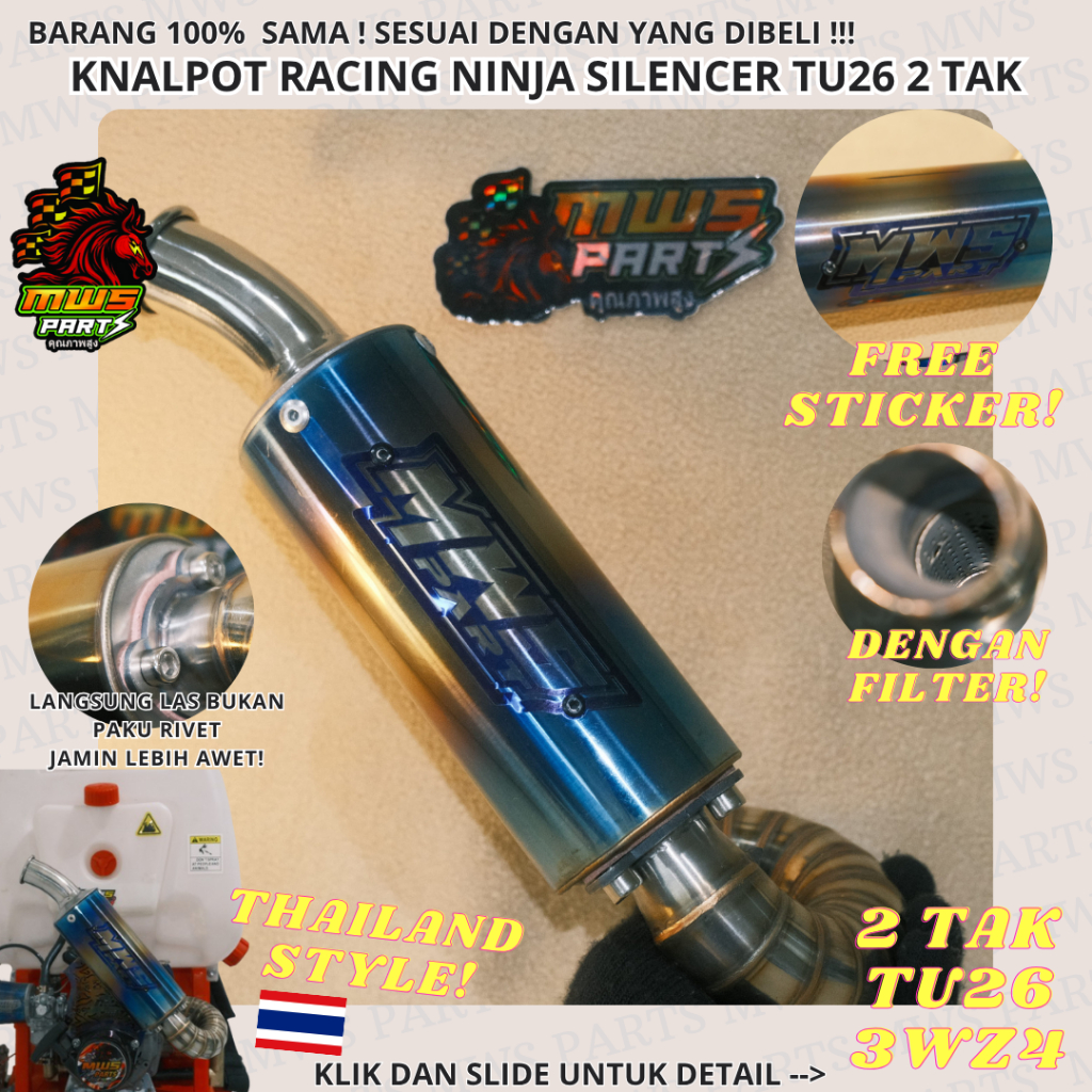 KNALPOT RACING THAILAND STAINLESS NINJA R9 BLUE SILENCER DENGAN EMBLEM PURA PURA NINJA TU26 3WZ4 3WZ