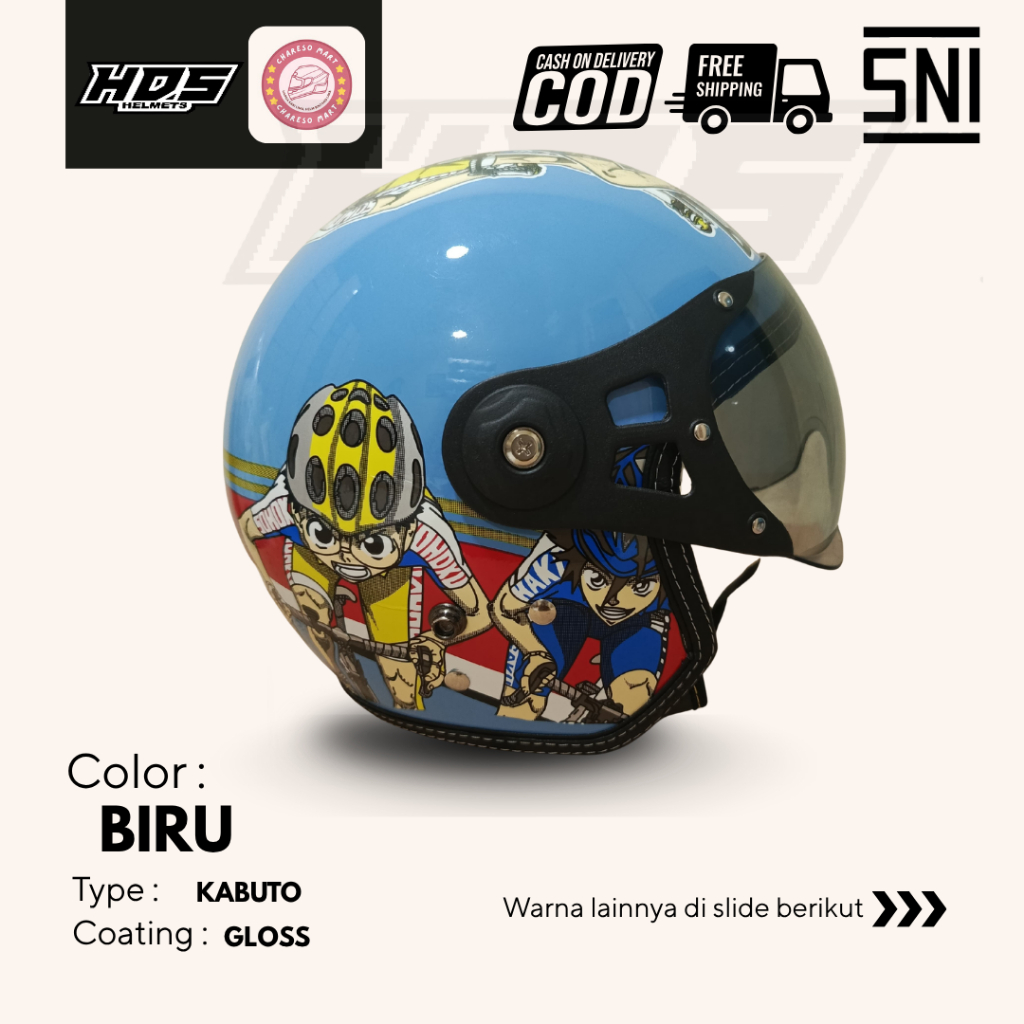 Helm Bogo Dewasa Classic Polos Motif Kabuto Biru HDS Helmet Half Face SNI Pria Wanita Cepol Hijab