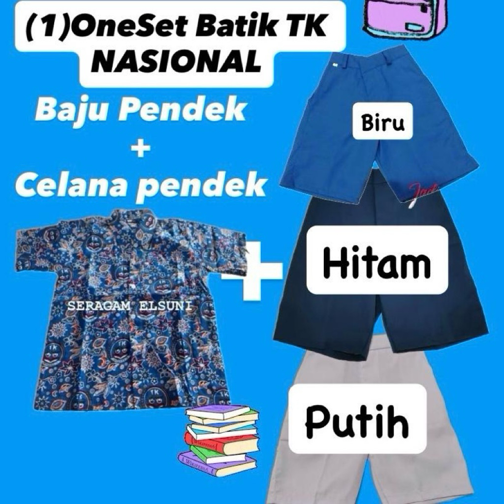 (ONESET)1Set PENDEK BATIK DAN CELANA PENDEK HITAM BIRU PUTIH || SERAGAM BATIK TK NASIONAL || BATK IG