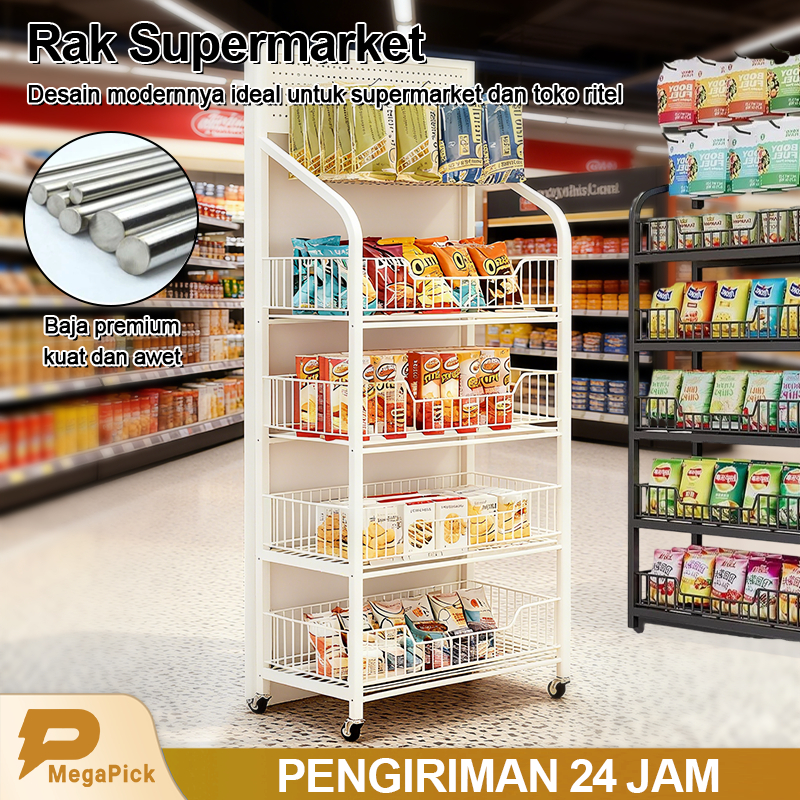 MegaPick-Rak Supermarket 4/5 Susun/Rak Gudang Jaring/Rak Serbaguna Rak Dapur Rak Makanan Ringan