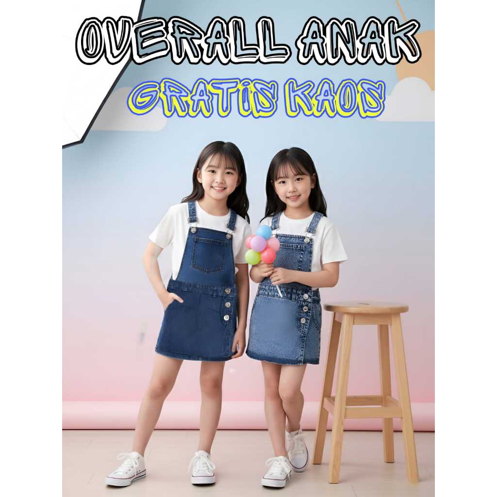 GRATIS KAOS POLOS Setelan Overall Rok Jeans Anak Perempuan | Baju Kodok Denim Anak Cewek 1-8 Tahun L