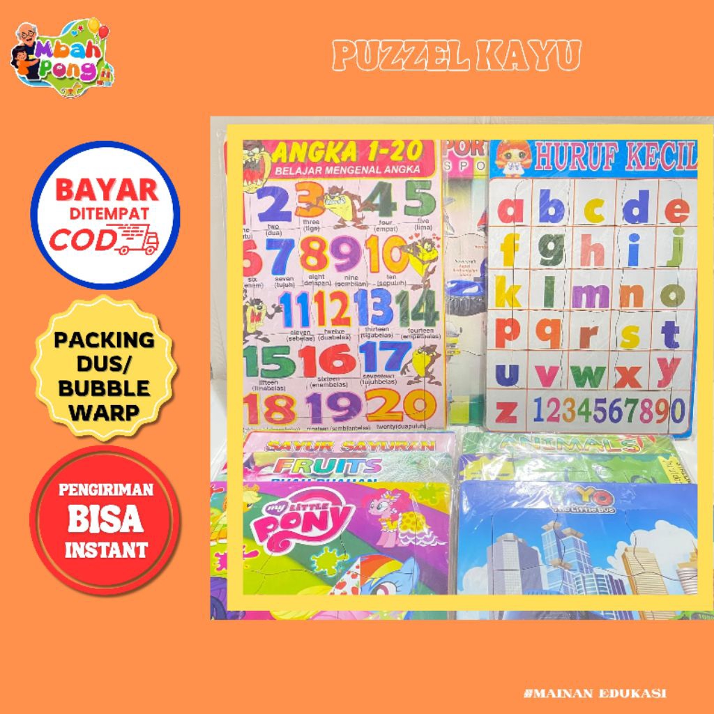 Mainan Puzzle Kayu Anak / Puzzel Kayu Huruf Angka Hijaiyah Hewan dan Buah Motif Terbaru