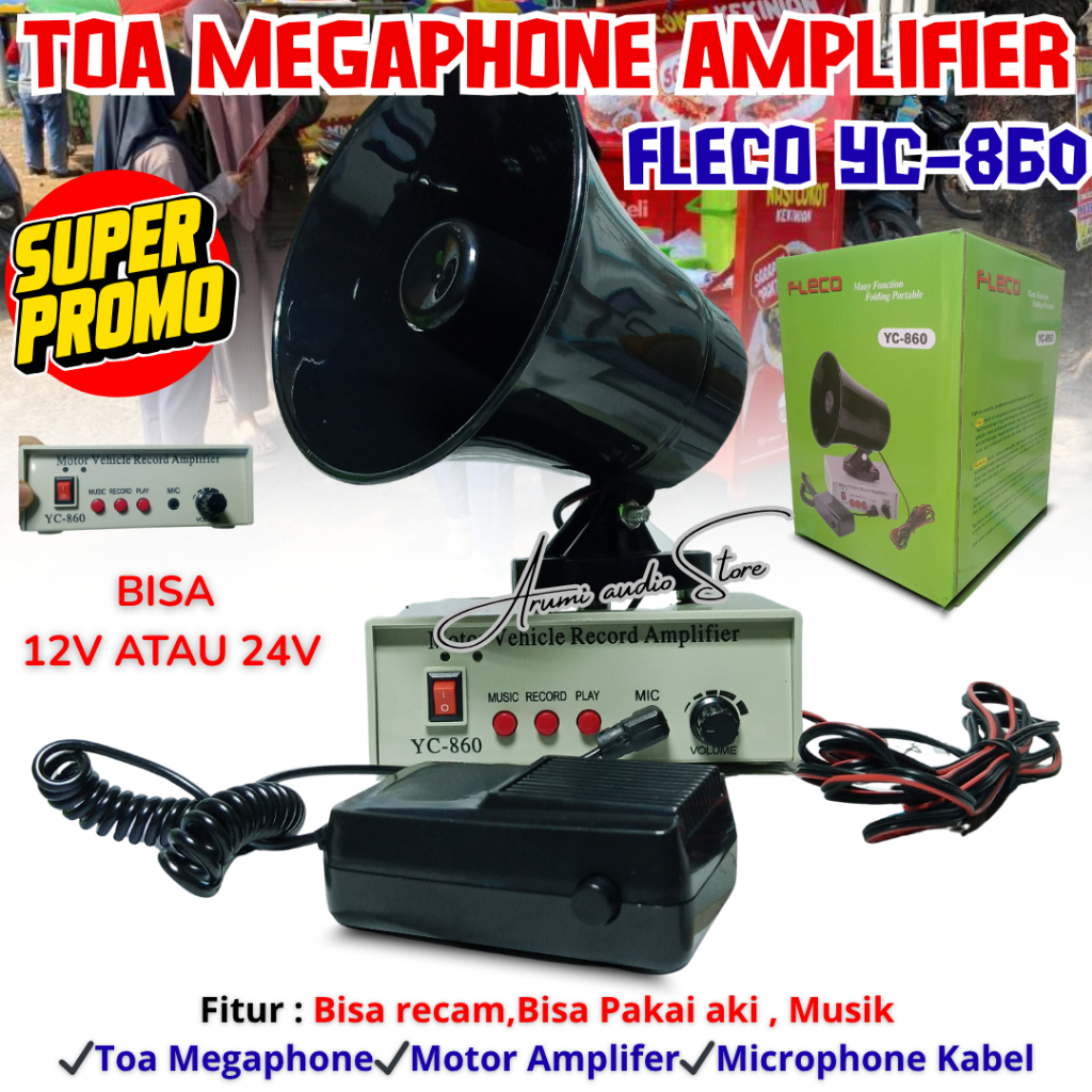 TOA Megaphone Fleco YC-860 Pengeras Suara Amplifier Bisa Recam & Musik Kualitas Bagus 12V/24V Bisa C