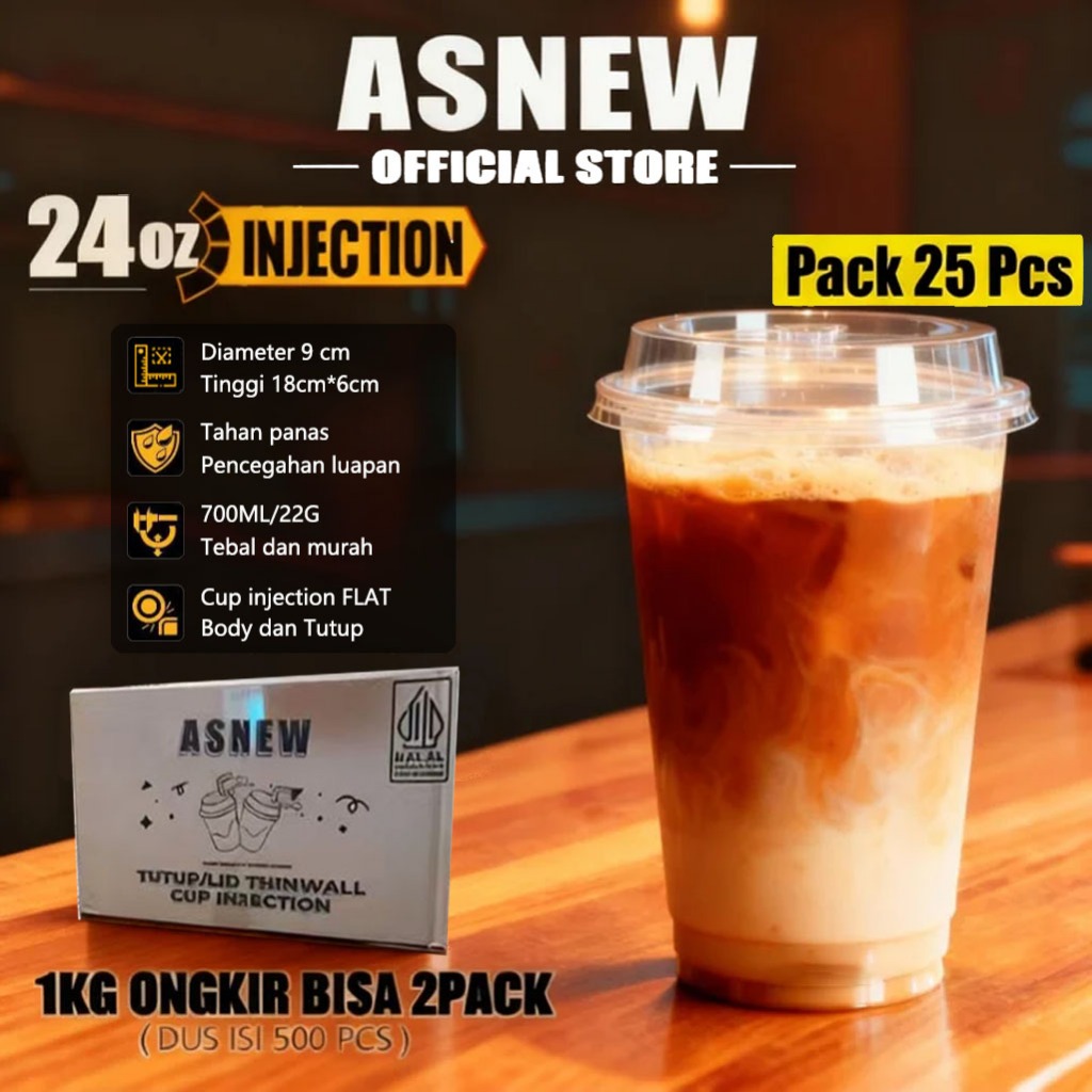 ASNEW 25 Pcs Cup Injection 700ml 24oz FLAT Gelas Plastik PP Cup Injection Gelas Boba Datar + Tutup