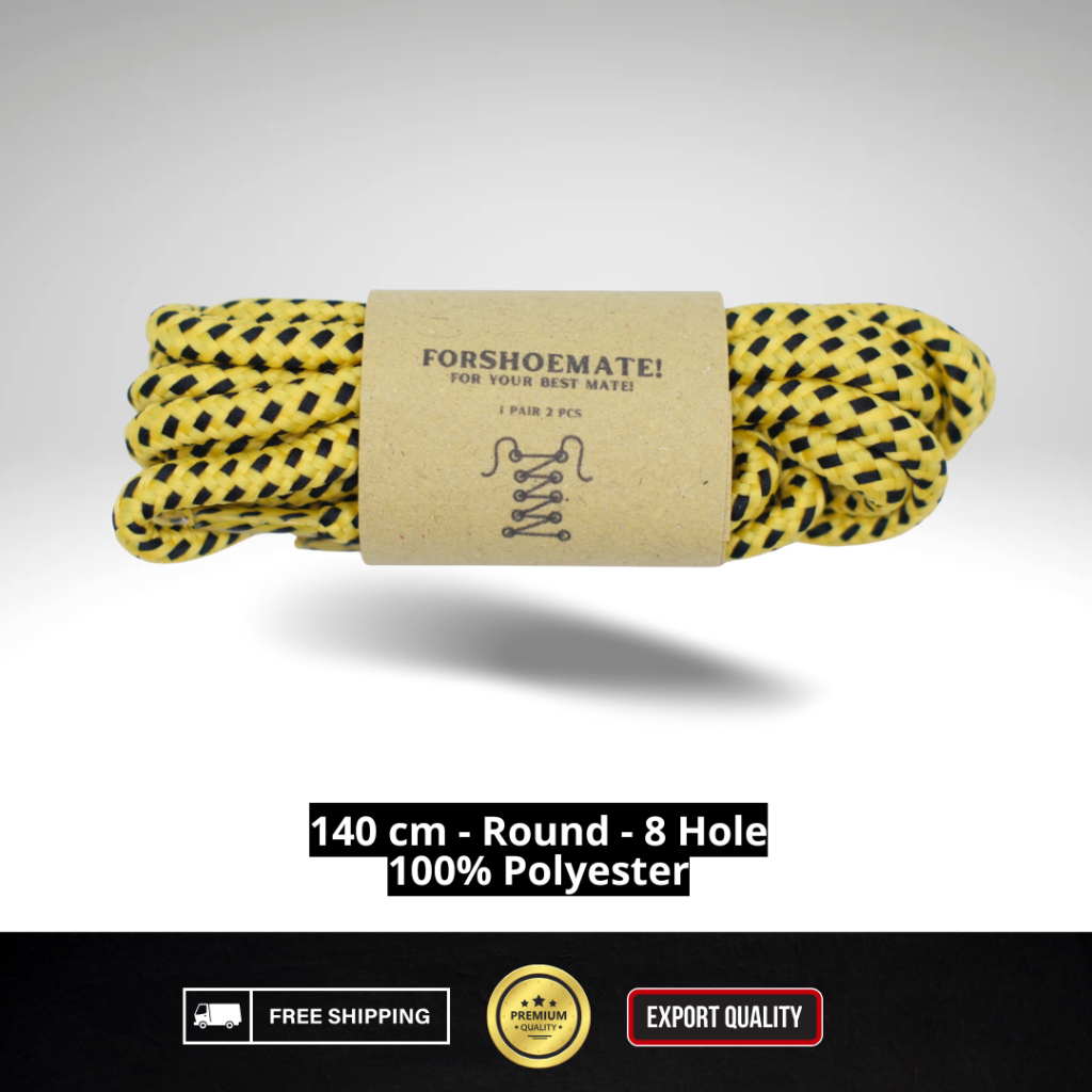 ForShoemate Tali Sepatu | Kuning Squ Hitam | Tali Sepatu Bulat 140 cm Tali Sepatu 8 Hole 8 Lubang Ta