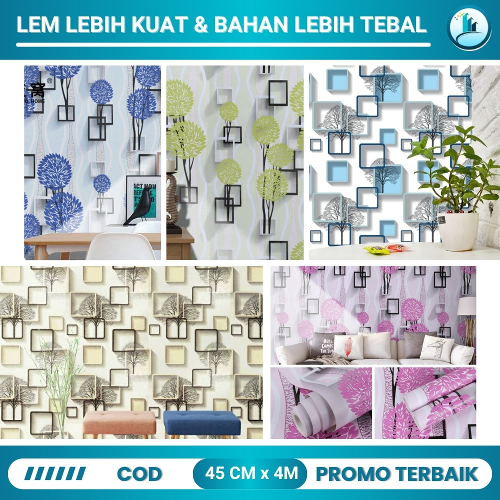 PROMO TERBAIK - Wallpaper Dinding Ruang Tamu Motif Kotak Pohon Ungu Wallpaper Dinding Kamar