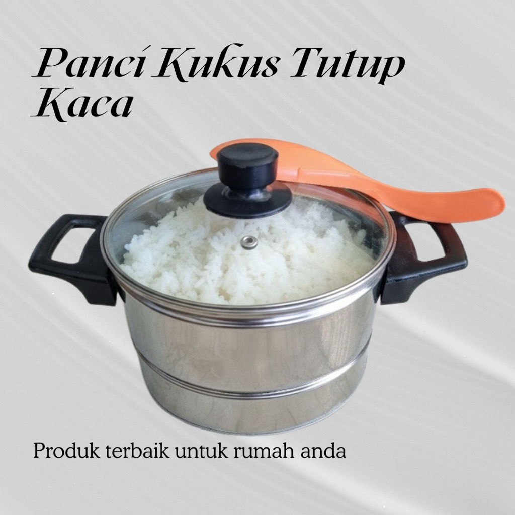 Panci Kukus Nasi Tutup Kaca Stainless Tebal Bonus Centong Nasi