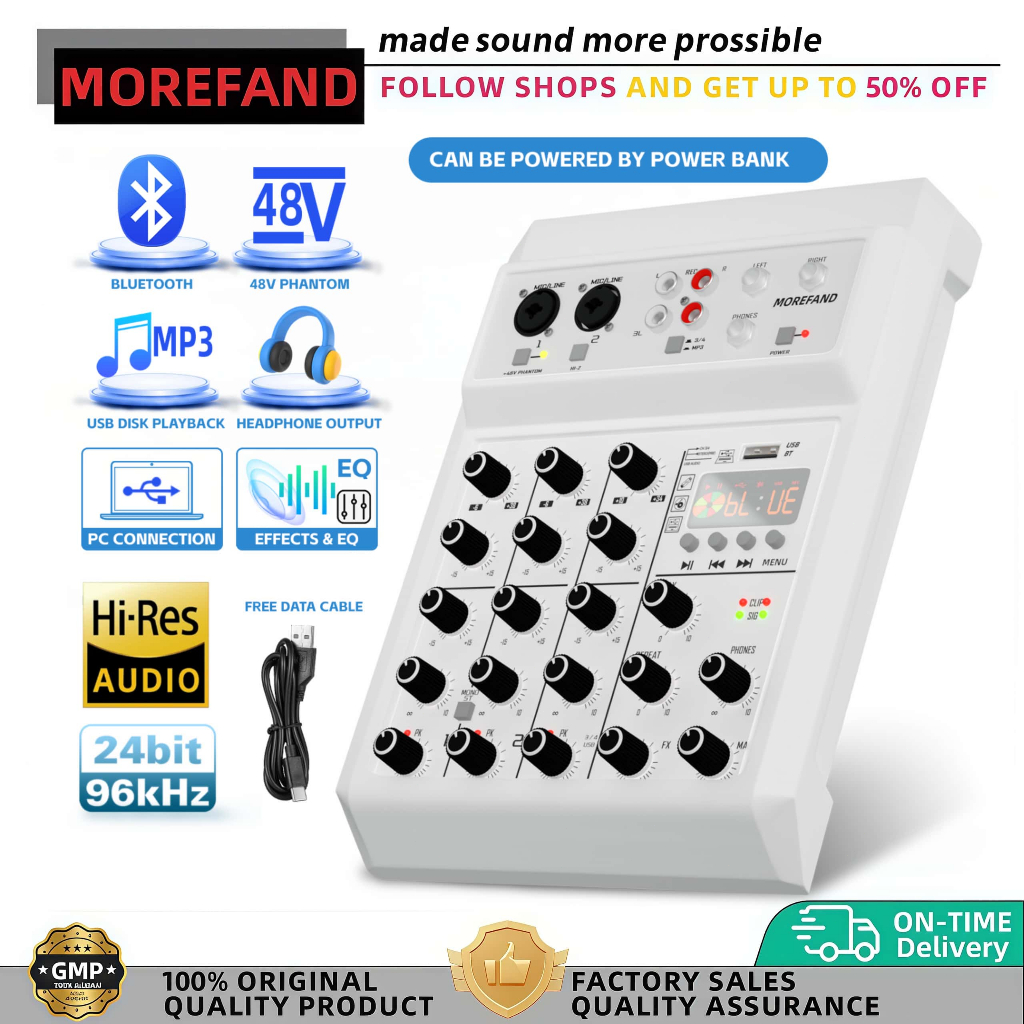 MOREFAND Mixer 4 Channel Audio Mixer Mini Soundcard USB Bluetooth mixer murah cuci gudang mendukung 