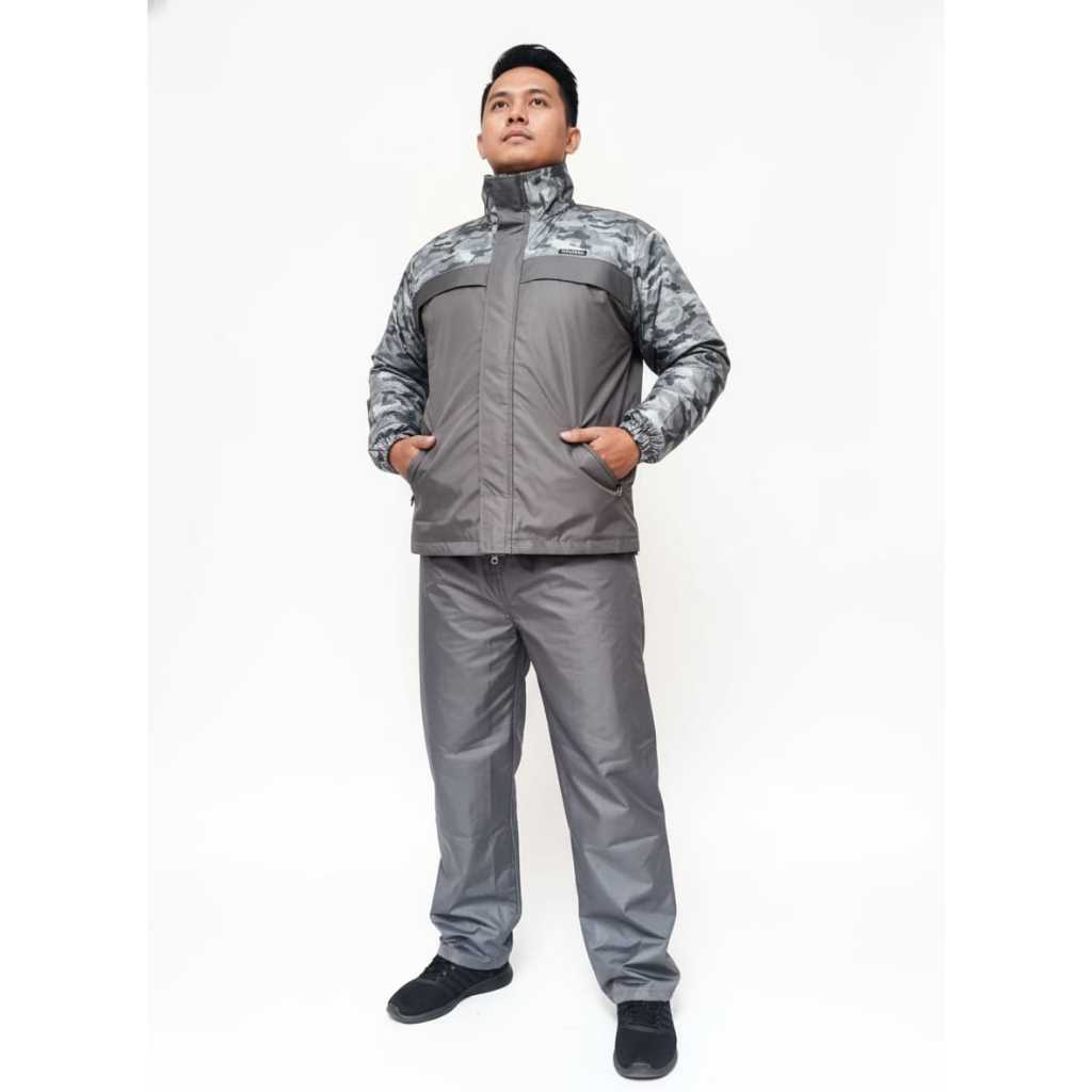 Jas Hujan DASUS Setelan Tebal Taslan Impor Abu Kombinasi Motif Abstrak