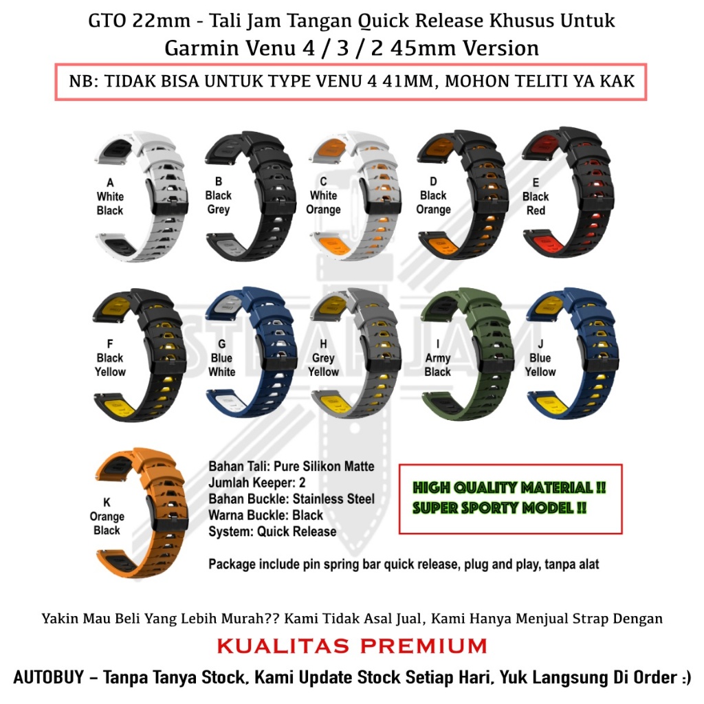 GTO Rubber Watch Strap Sporty 22mm Untuk Garmin Venu 4 / 3 / 2 45mm Version - Tali Jam Tangan Siliko