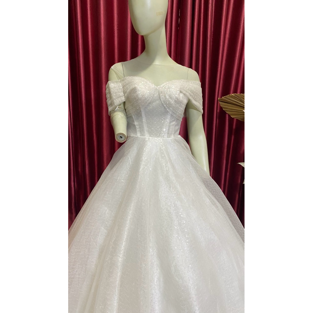 Gaun Pengantin Sabrina Putih Tulang bersequeen 84