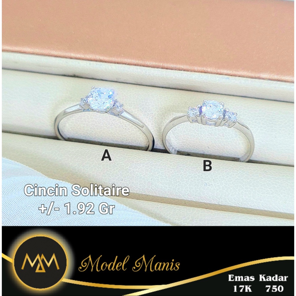Cincin solitaire triple emas putih 750 kadar 17k