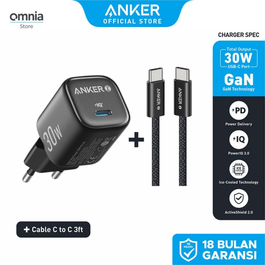Anker Zolo GaN 30W 20W Bundling Adaptor Kepala Charger dan Kabel MFI C to L atau C to C iPhone 17 16