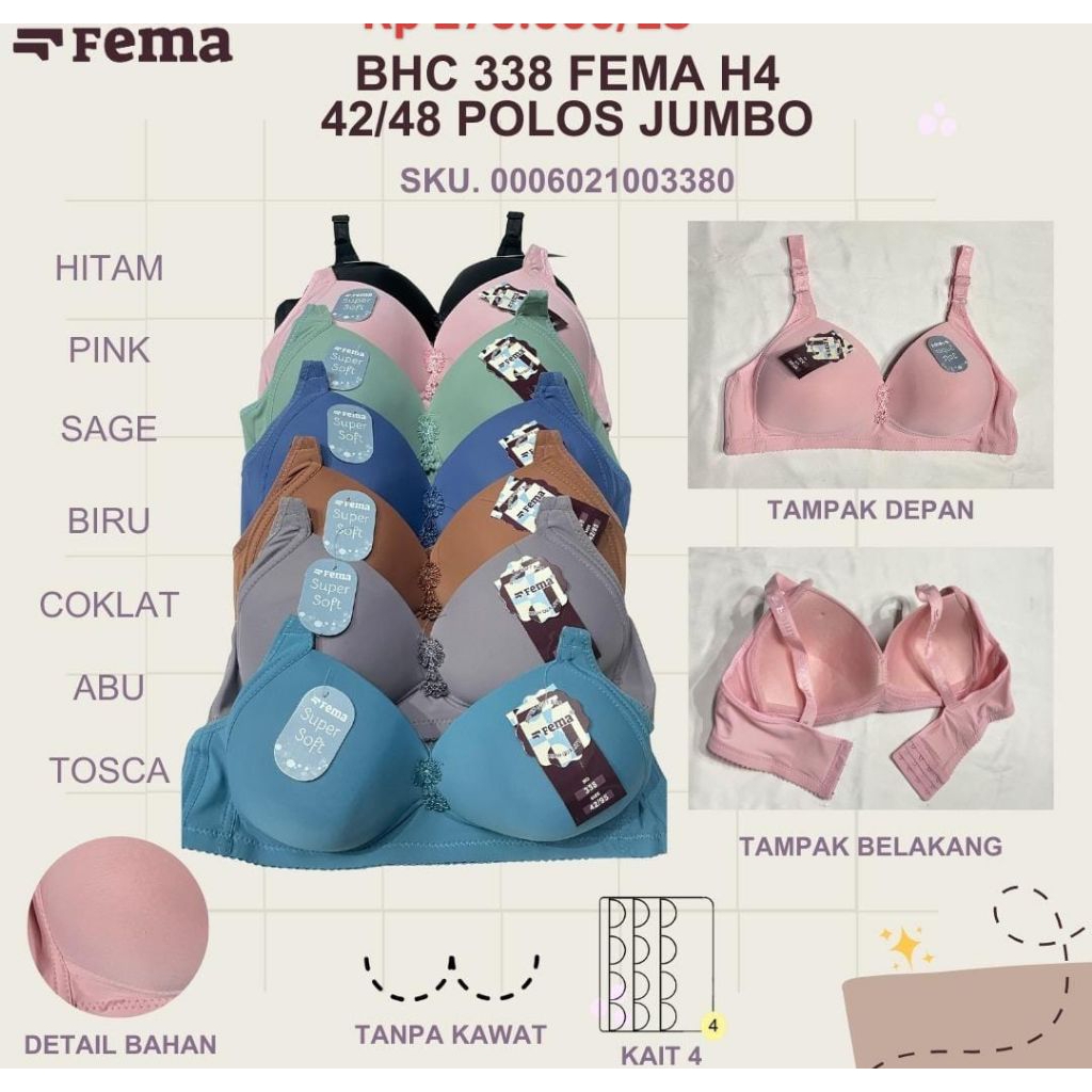 BRA BH JUMBO IMPORT BIG SIZE FEMA TANPA KAWAT CUP C BAHAN NO 42-48 KAIT 4 ADEM PAKAI BUSA MELAR ELAS