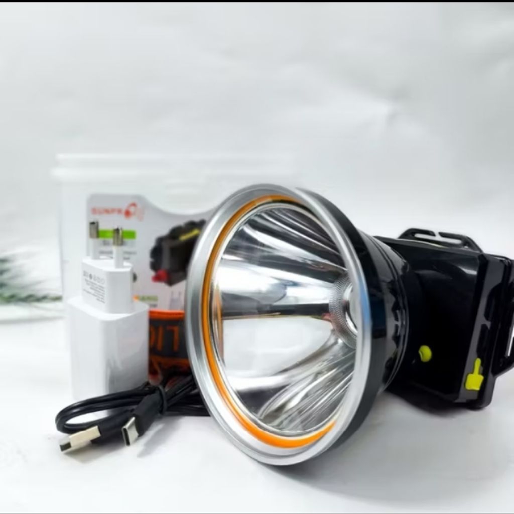 sl-990 sunpro senter kepala anti air cahaya putih 150watt tahan 50jam senter kepala putar bonus cass