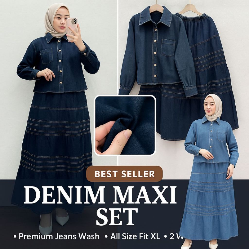 Set Jeans Wanita Premium - Atasan & Rok Denim Panjang Import BKK | Outfit Muslimah Kekinian Jeans Wa