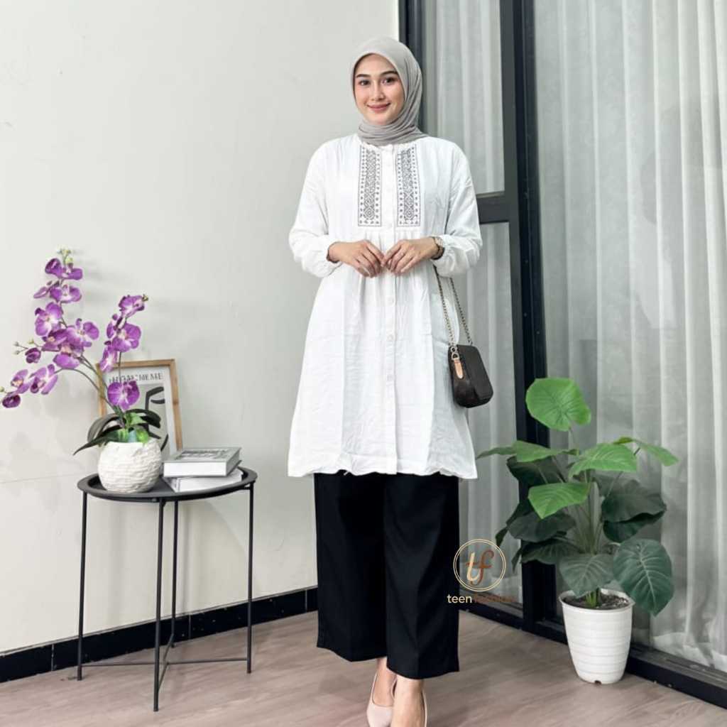 Fashion Muslim Atasan Wanita Tunik Bordir, Bahan Rayon Twill Muslim Panjang Wanita Basic
