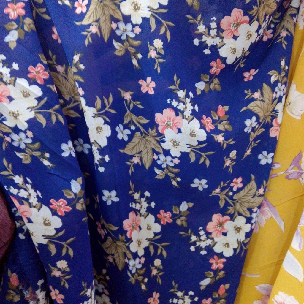 KAIN SIFON CERUTY Motif Bunga Kecil Floral Shabby Biru Navy | Bahan Gamis Tunik Hijab Meteran Aj