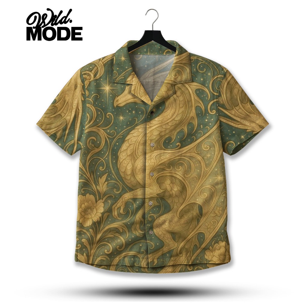 WILD Kemeja Full Print Ilustrasi Naga Emas Hijau – Desain Vintage Mythical Art | WD-643