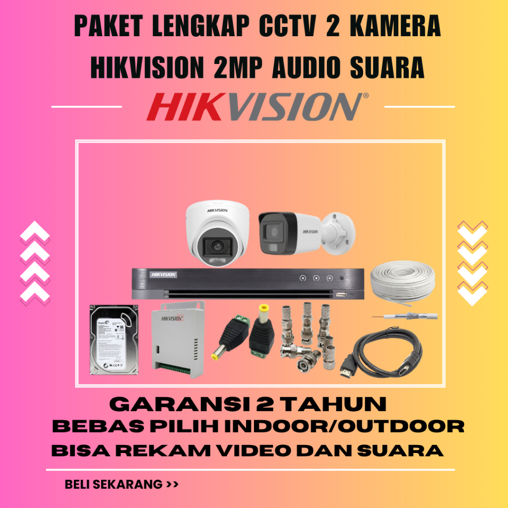 PAKET CCTV 2 KAMERA HIKVISION 2MP AUDIO SUARA DVR 4 CHANNEL CCTV PROMO LENGKAP SIAP PASANG