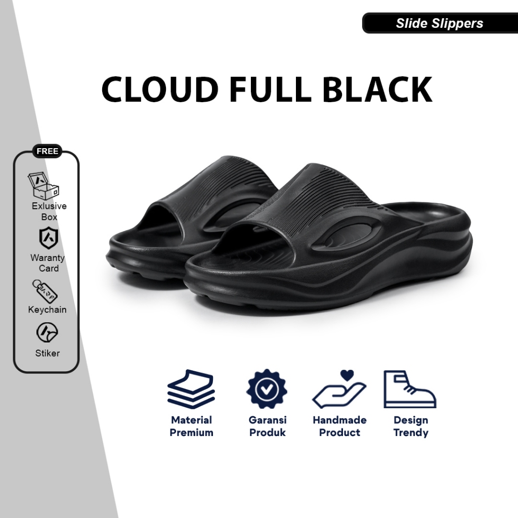 Sandal Slop Recovery Pria Wanita Terbaru 2025 Sendal Selop Distro Cloud Full Hitam Sepatu Lokal