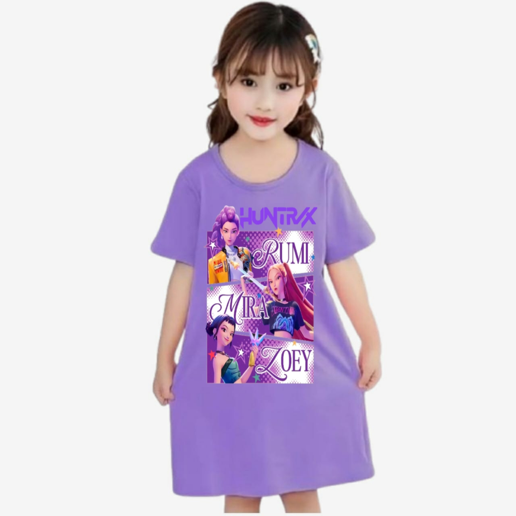 dress daster anak perempuan gambar huntrix kpop demon hunter viral  3-10tahun kd.404