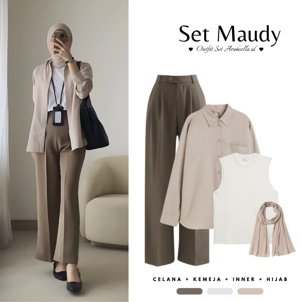Setelan Wanita Maudy ( Celana Kulot + Kemeja + Inner + Hijab Pashmina )  Outfit Formal Ootd Kantoran