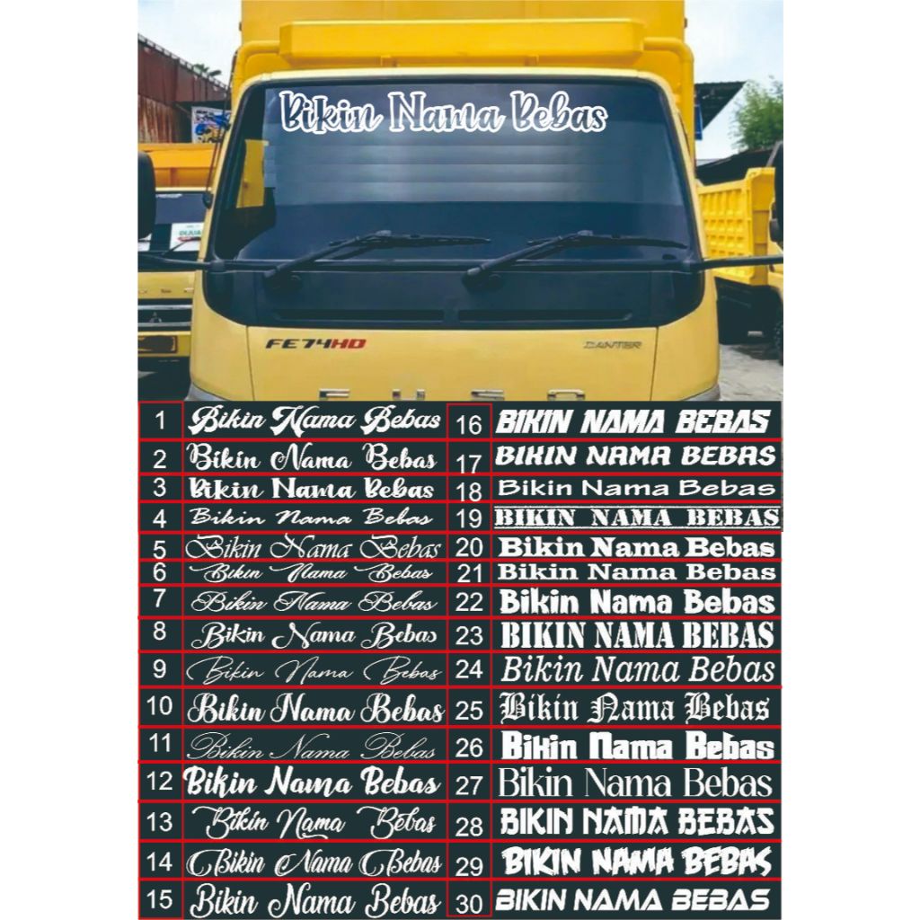 Stiker custom nama bikin nama bebas suka-suka skotlet cutting kaca depan mobil truck fuso dll
